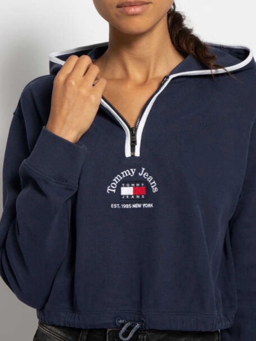 Tommy Hilfiger Navy Half-Zip Cropped Hoodie with Contrasting Trim